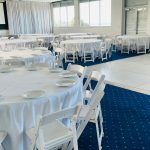 White Gloss Dance floor with white padded folding chairs Hire Sydney