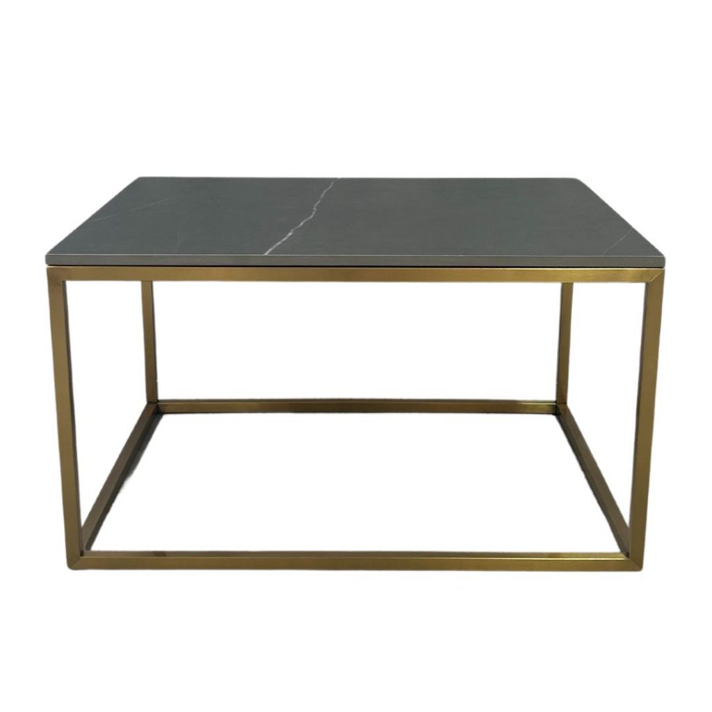 Rectangular Gold Coffee Table w/ Black Top Hire Gold rectangular coffee table with back marble table top