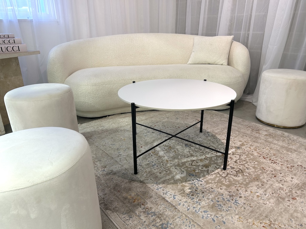 Black Cross Coffee Table W/ White Top Black cross coffee table with white top: white velvet ottoman stool