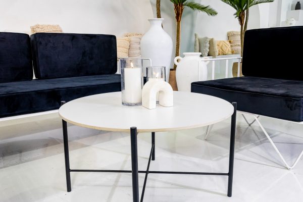 Black Cross coffee table with white table top & Black velvet lounge
